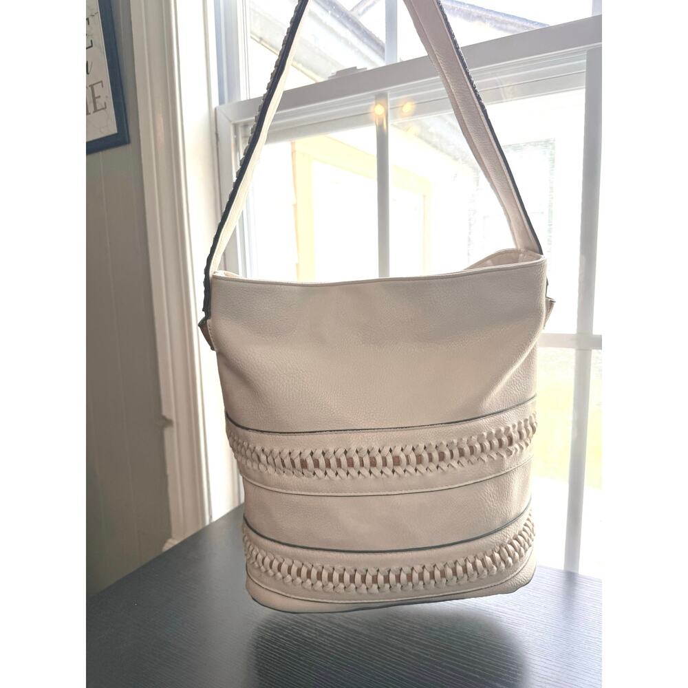 Gussaci Cream Faux Leather Woven Detail Hobo Shoulder Bag Boho Large Tote Zip